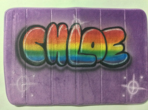 Airbrushed Rainbow Color Name Design on Microfiber Memory Foam Mat - Perfection Airbrushing