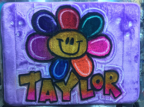 Airbrushed Rainbow Color Flower Name Design on Microfiber Memory Foam Mat - Perfection Airbrushing